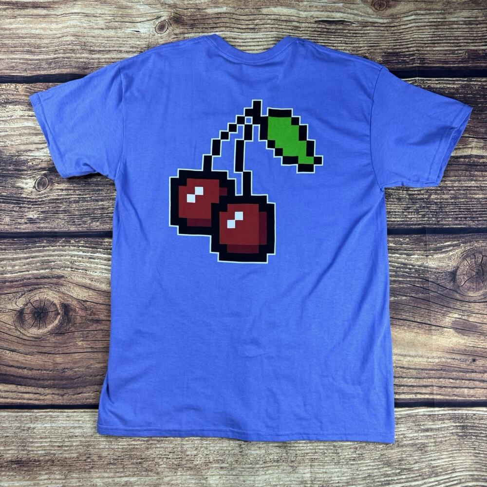 Metavirgin Pixel Cherries Graphic T-Shirt Mens Large Blue Short Sleeve